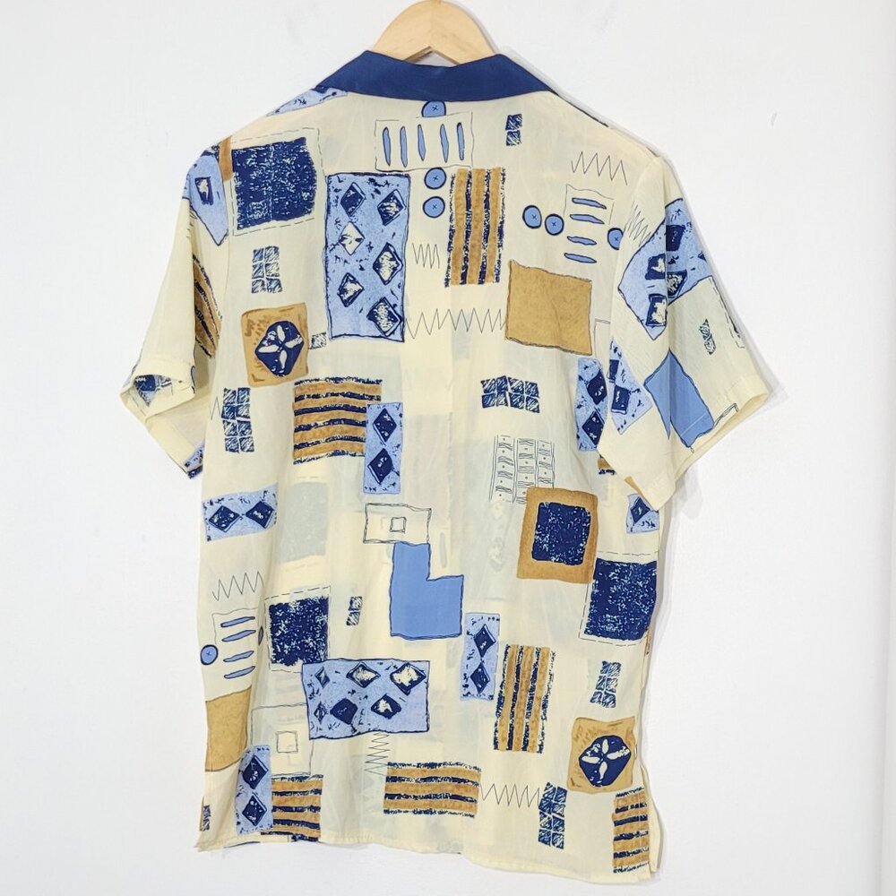 Vintage Unisex Abstract Yellow Blue Print Short Sleeve Button-Up Shirt Retro - Picture 8 of 11